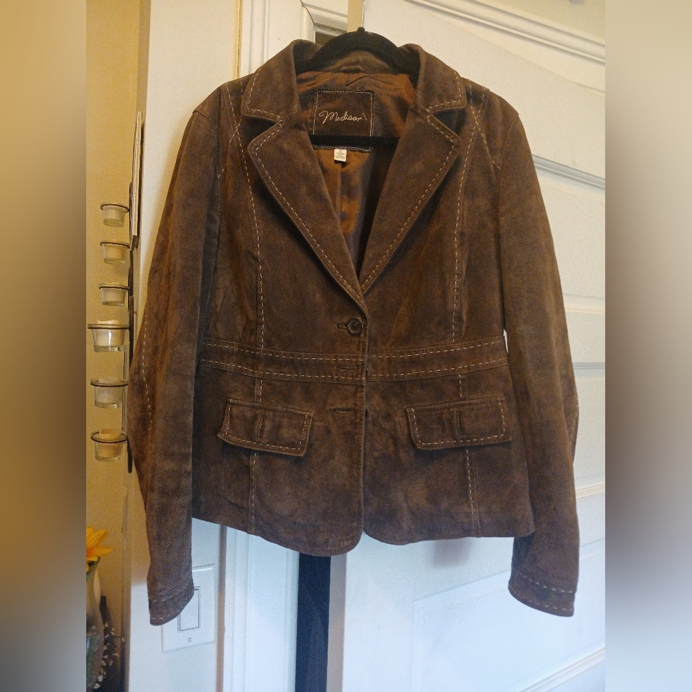 Madison Womens 100% Brown Leather Coat Size 16 Stitched 3 Button Vintage 1970s
